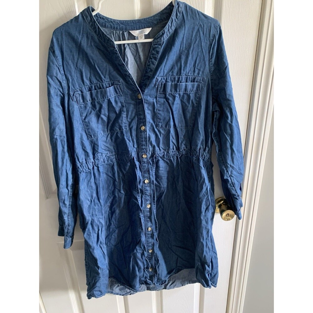Time And Tru Large 12-14 Denim Jean Dress Button Long Sleeve V Neck Has Pockets